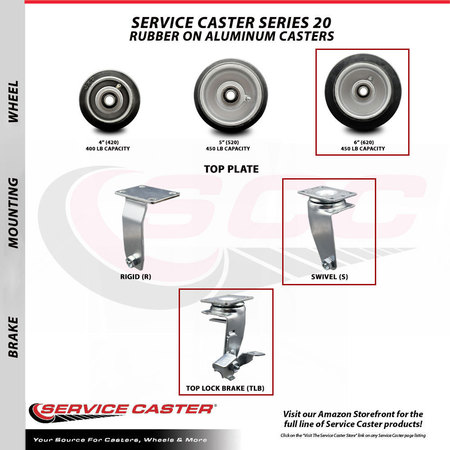 Service Caster 6 Inch Rubber on Aluminum Swivel Caster Set with Ball Bearings 2 Brakes SCC-20S620-RAB-2-TLB-2